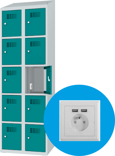 Schließfachschrank - 2 Abteile - 10 Fächer - mit Steckdosen + USB A+C - 2000x800x500 mm (HxBxT)