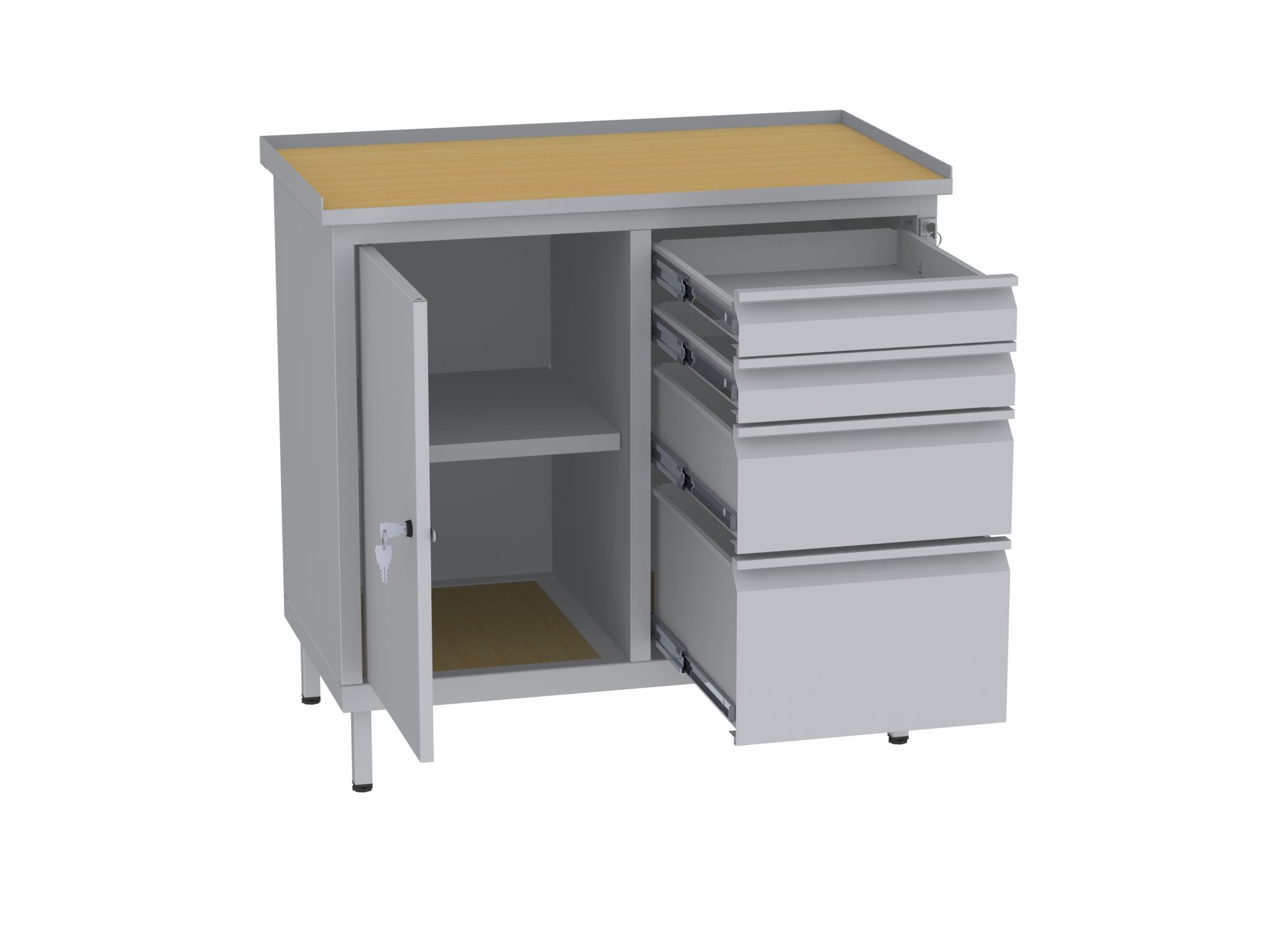 Werkstattschrank, niedrig - 2 Fächer und 1 + 1 + 2 Schubladen - 850x900x505 mm (HxBxT)