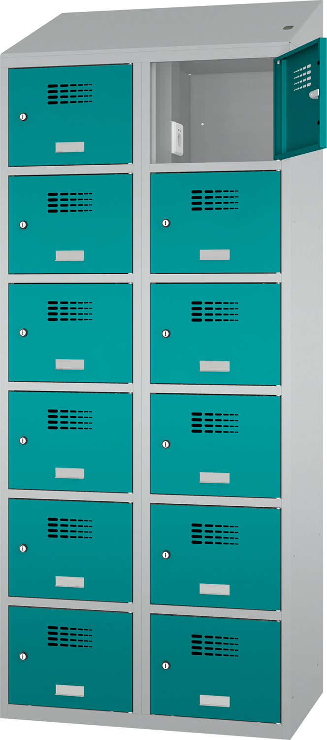 Schließfachschrank - 2 Abteile - 12 Fächer - mit Steckdosen + USB A+C