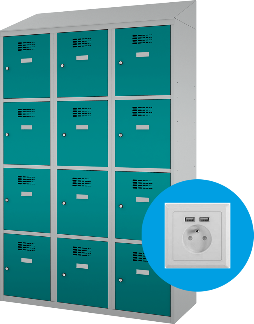 Schließfachschrank - 3 Abteile - 12 Fächer - mit Steckdosen + USB A+C - 2000x1200x500 mm (HxBxT)