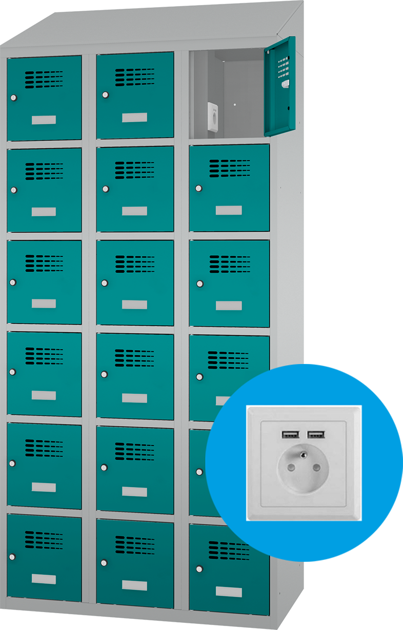 Wertfachschrank - 3 Abteile -  18 Fächer - mit Steckdosen + USB A+C - 2000x900x500 mm (HxBxT)