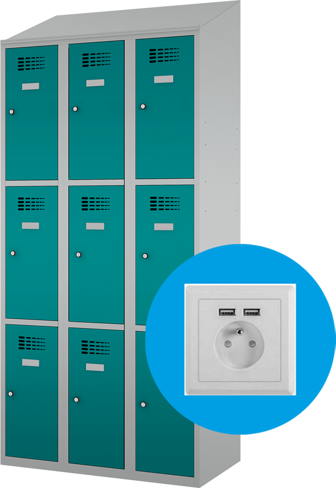 Schließfachschrank - 3 Abteile -  9 Fächer - mit Steckdosen + USB A+C
