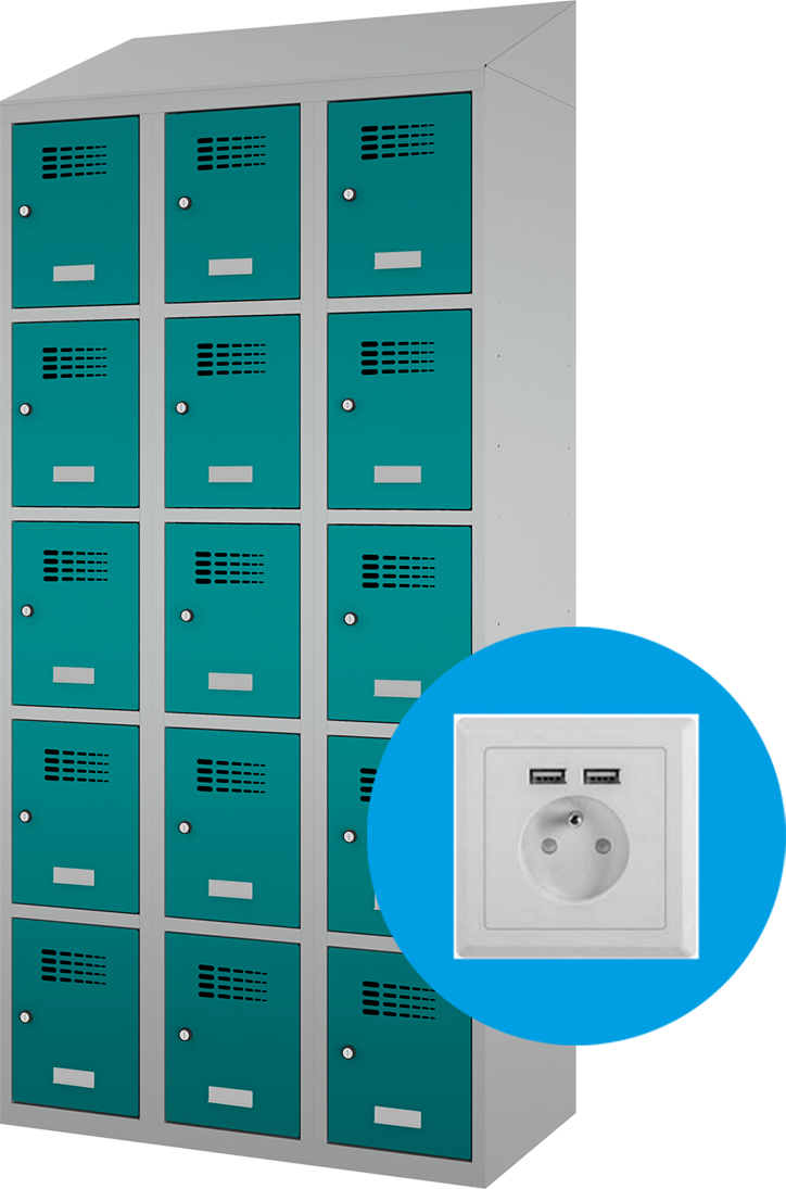 Schließfachschrank - 3 Abteile - 15 Fächer - mit Steckdosen + USB A+C - 2000x1200x500 mm (HxBxT)