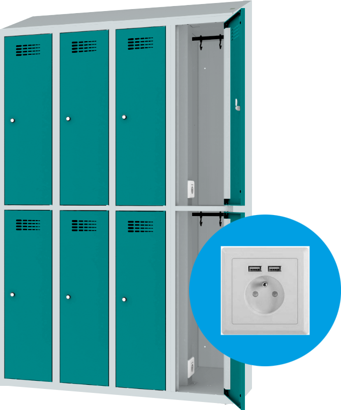 Garderobenschrank - 4 Abteile -  8 Fächer - mit Steckdosen + USB A+C