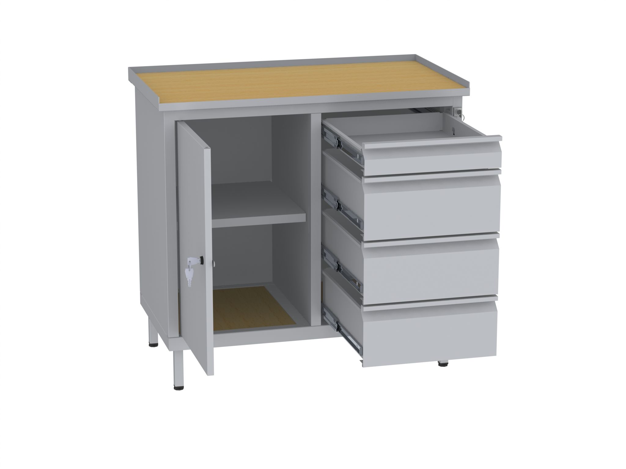 Werkstattschrank, niedrig - 2 Fächer und 3 + 1 Schubladen - 850x900x505 mm (HxBxT)