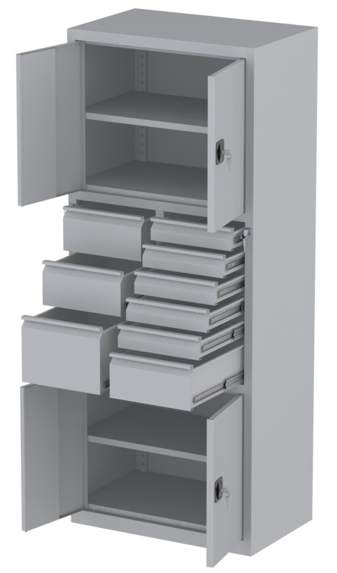 Werkstattschrank - 2 Fächer und 3 + 5 + 1 Schubladen - 1950x1000x500 mm (HxBxT)