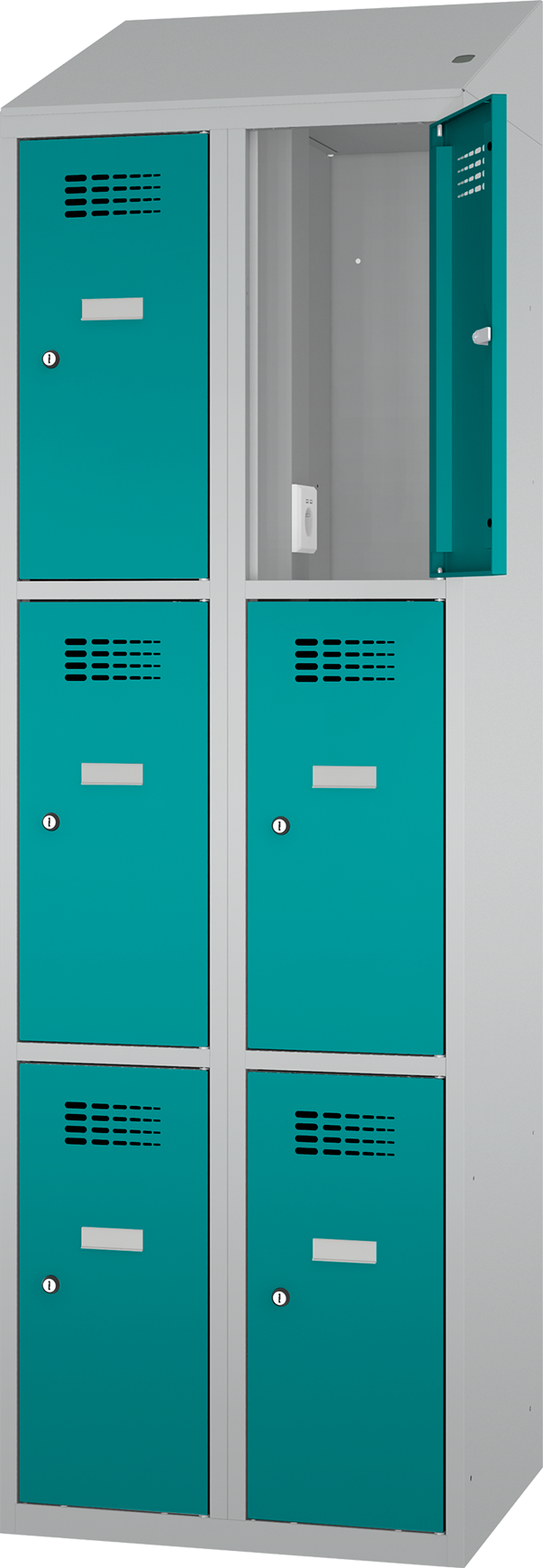 Schließfachschrank - 2 Abteile -  6 Fächer - mit Steckdosen + USB A+C